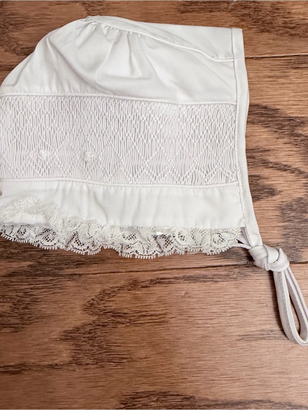 Smocked Classic White Lace-Trim Baby Bonnet